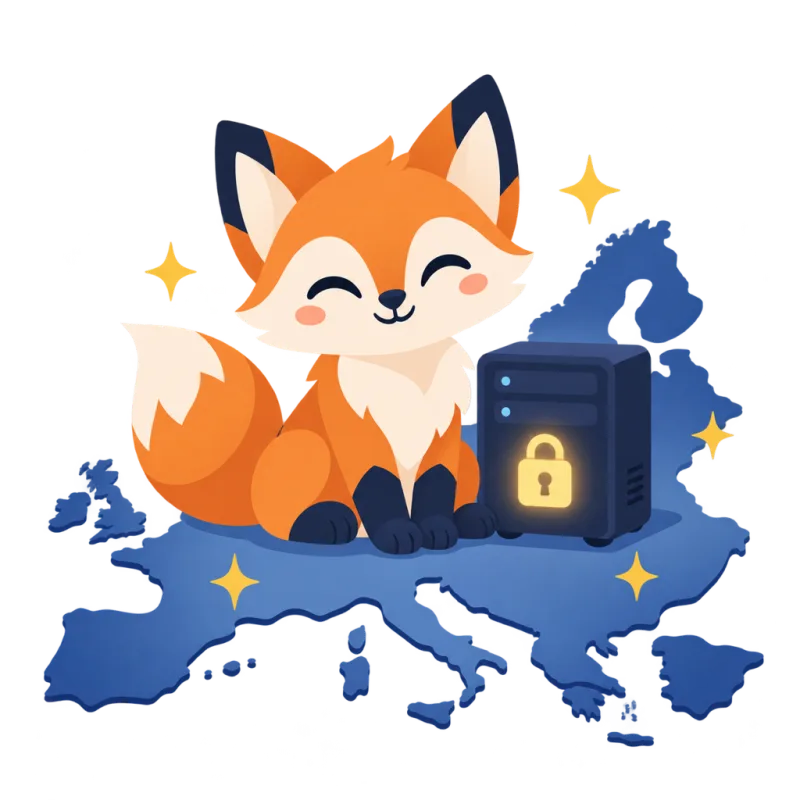 A fox sits on a map of Europe next to a server with a lock