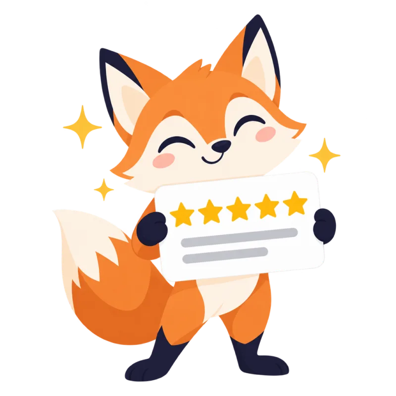 Happy fox holding up a card with five stars