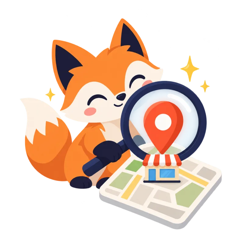 A fox uses a magnifying glass to look for a business on a map