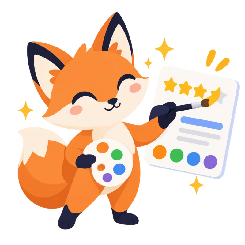 A fox paints stars onto a widget preview with a brush and a color palette