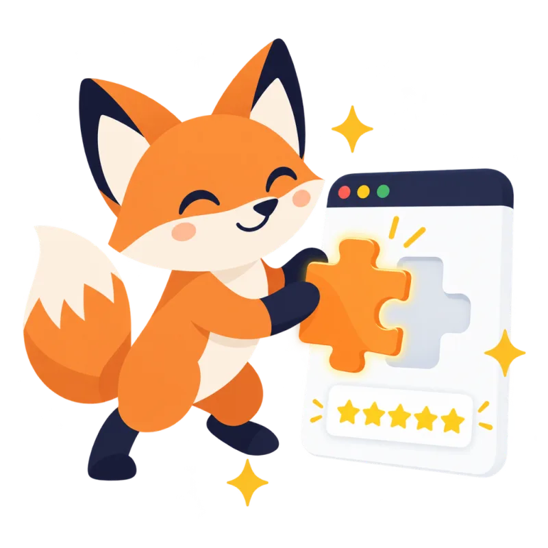 A fox puts a puzzle piece into a browser window with five stars