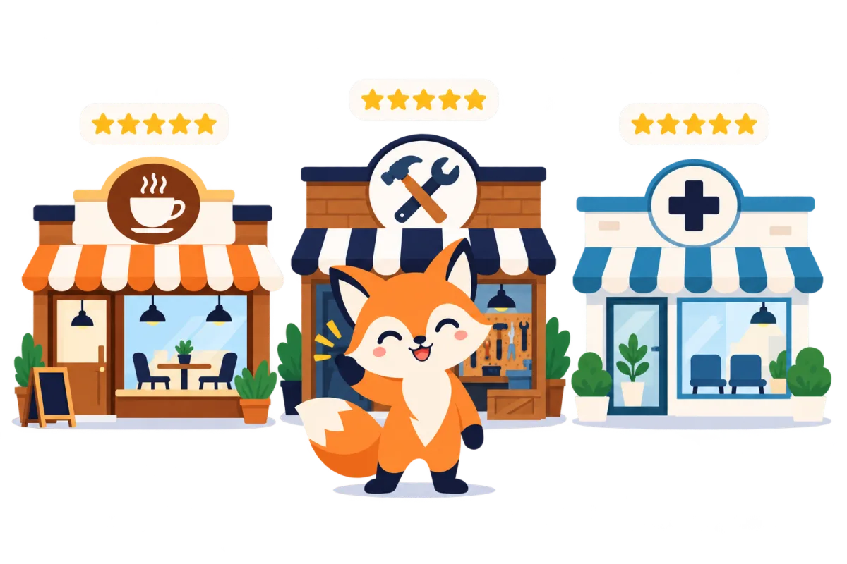 A fox in front of a café, a trades business and a practice, with five stars above each